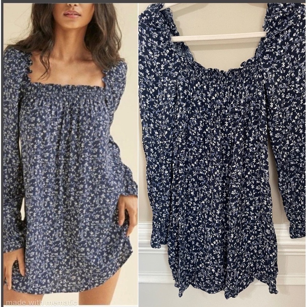 Reformation Size S Hudsen Navy Floral Smocked Neck Mini Dress Puff Long Sleeve